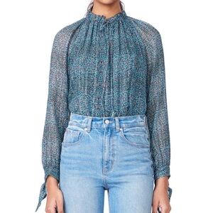 Rebecca Taylor Silk Metallic Floral Blouse Blue Tie Neck Sheer Top Size 4